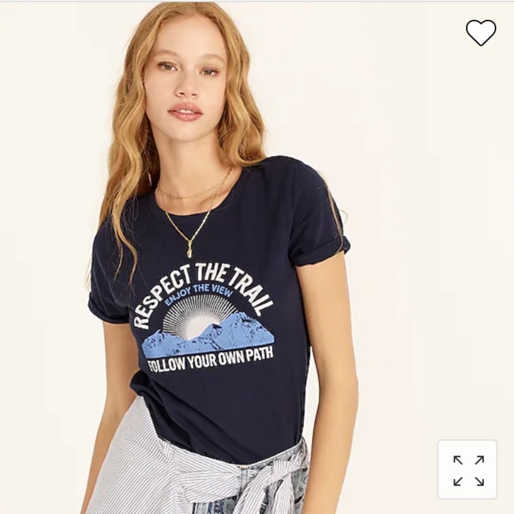 J. Crew Knit Goods Tee with “Respect the Trail” and sunset graphic